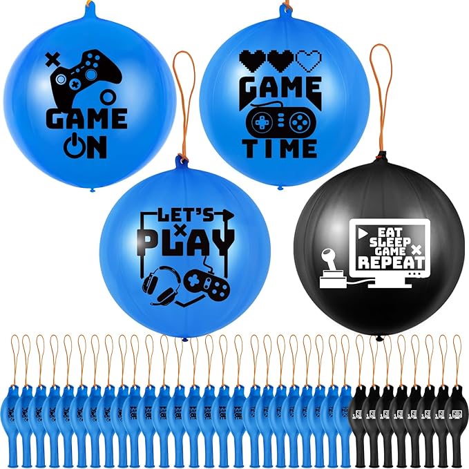 32 Pcs Video Game Punch Balloons Pixelated Punch Ball Pixel Video Game Balloons Latex Balls Toys for Birthday Party Favors Supplies, Goodie Bag Filler(Blue, Black)