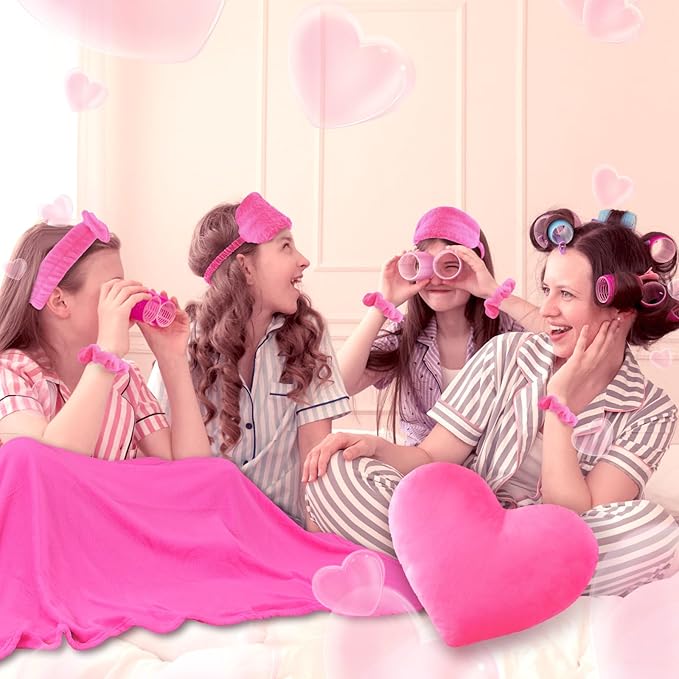 36 Pcs Sleepover Party Supplies for Girl Spa Slumber Birthday Favors Throw Blanket Pillow Eye Mask Headband Scrunchies (Solid Color,Hot Pink)