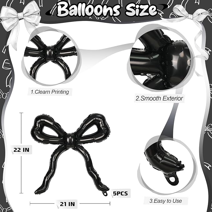 5pcs Black Bow Balloons for Bow Party Decorations, Giant Black Coquette Mylar Foil Balloon for Coquette Birthday Decorations Bridal Baby Shower Wedding Bachelorette RIP to My 20s Decor Supplies