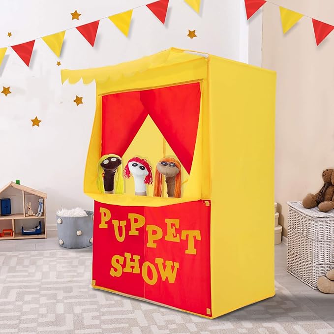 Alvantor® Lemonade Stand Puppet Show Theater Pretend Playhouse Tent Kids on Stage Doorway Table Top Sets for Toddlers Curtain Fordable Rods Children Dramatic Furniture, 28"X20"X41"H, Yellow