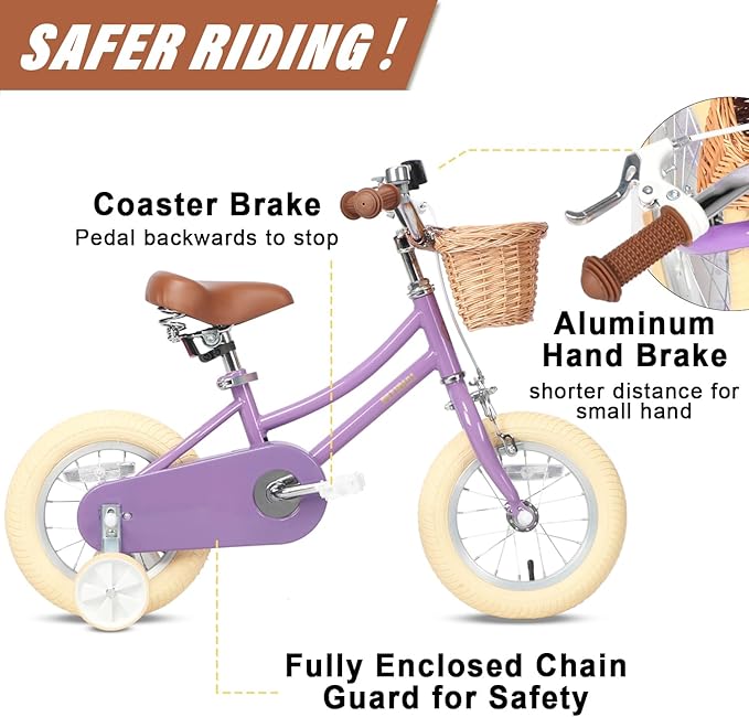 Petimini Vintage Kids Bike for Girls, 12–20 Inch Classic Bicycle with Wicker Basket & Bell, High Tensile Steel Frame, Training Wheels (12–18”), 85% Pre-Assembled, Retro Bike for Outdoor Riding