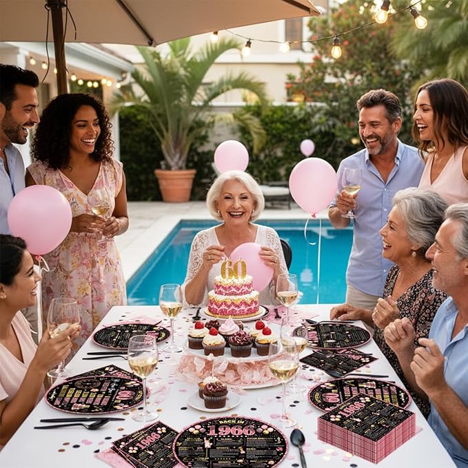 96Pcs 60th Birthday Decorations Women Tableware Set Rose Gold Back in 1966 Paper Plates Napkins Forks Cheers to 60 Years Disposable Tableware Decor for 60th Bday Theme Party Favor Serve 24 Guests