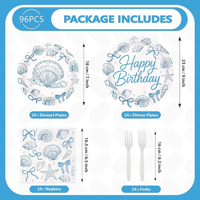 96Pcs Seashell Birthday Party Decorations Blue Bow Seashell Ocean Dessert Plates and Napkins Beach Starfish Tableware Set for Summer Kids Girls Boys Birthday Party Supplies Serves 24