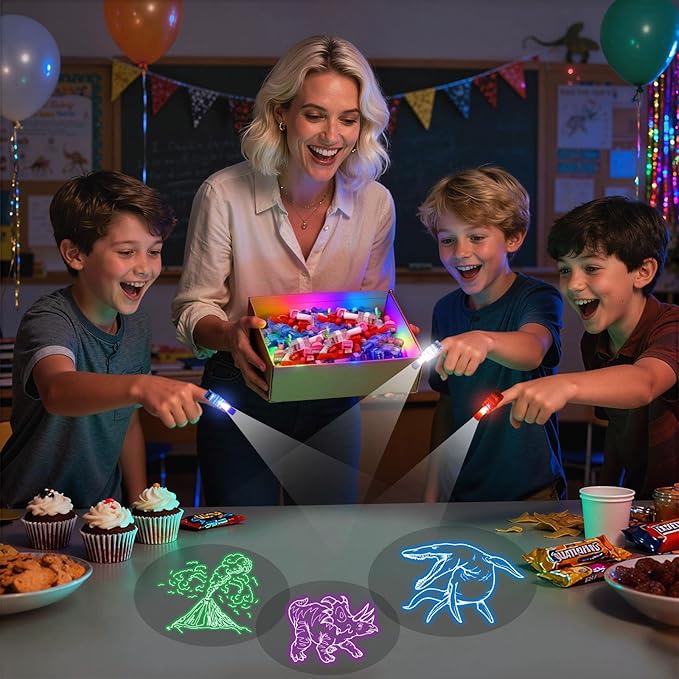 LovesTown 24PCS Dinosaur Party Favors, LED Light up Finger Lights Glow in The Dark Finger Flashlights for Birthday Party Decorations Easter Goodie Bags Fillers Classroom Prizes
