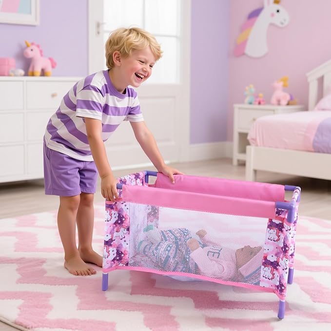 BABESIDE Baby Doll Crib Set for 18 Inch Dolls, Foldable Baby Doll Bed Playpen Toy Crib with Storage Bag for Reborn Baby Doll Accessories, Purple Babydoll Crib