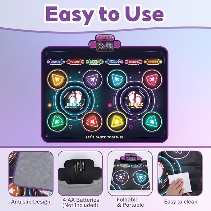 Dance Mat with Music and Lights for Kids, Light-Up 2-Player Interactive Musical Dance Play Mat with Bluetooth, Anti-Slip Indoor Active Play Toy Birthday Gift for Boys Girls 3-12