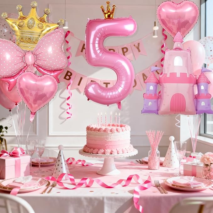 Princess Balloons for 5th Birthday Decorations Girl Castle Balloons Large Pink Crown Number 5 Balloon Pink Foil Balloon for Princess Birthday Party Decorations Supplies
