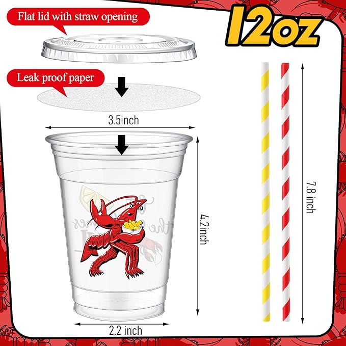 Domensi 50 Sets Plastic Crawfish Boil Cups with Straws 12 oz Disposable Plastic Cups Bulk Crawfish Boil Party Supplies Seafood Party Favors Lobster Feast Birthday Table Decorations