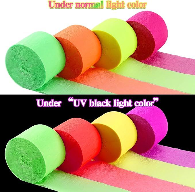 Outus 1181 Feet Glow in The Dark Party Supplies Streamers 36 Rolls Glow Crepe Paper Rolls Neon UV Backlight Reactive Fluorescent Paper Streamer for Easter Carnival 80s Party Favors Decorations