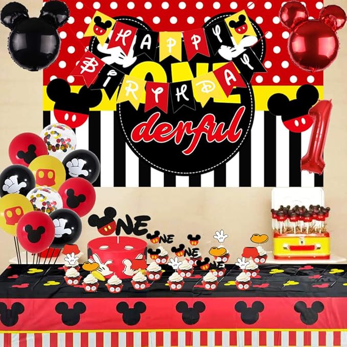 Letromp Mickey 1st Birthday Decorations Boys First Year Old Balloons Boys One Banner for Mickey 1st Birthday Baby Shower Party Supplies Decorations, Large, Red