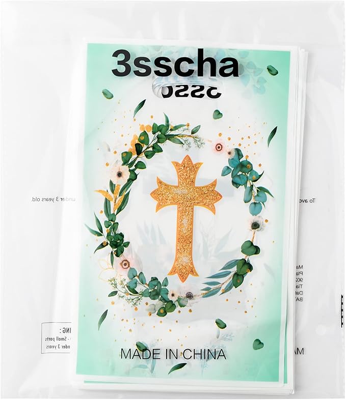 50Pcs Cross Party Favor Bag Baptism First Communion Waterproof Goodie Bag with Die Cut Handles God Bless Church Religious Plastic Gift Bags for Kids Birthday Baby Shower Decoration Supplies