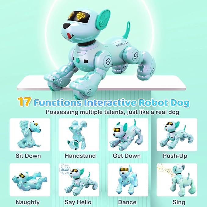 VATOS New Kids Smart Remote Control Robot Dog,17 Fun Interactive Functions Intelligent Programmable Kid Robotic Puppy with 2 Batteries, Singing Dancing Walking Robot Dog Toy for Kids 3-8 Year Blue