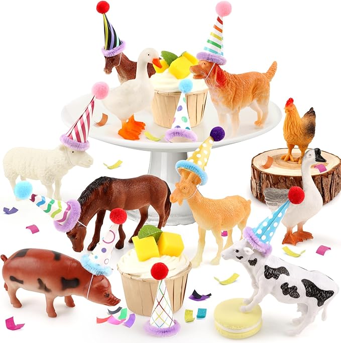 Hooqict 20Pcs Farm Animal Cake Toppers Animals Figures with Mini Party Hats Birthday Cake Decorations for Farm Birthday Party Decorations Favors Supplies