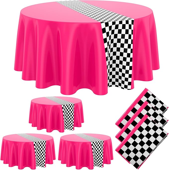 Oudain 3 Pcs Cars Birthday Party Supplies Racing Party Decorations Round Racing Tablecloth Checkered Flag Table Covers Road Plastic Table Cloth, 1950s Disco Dancing Party Tablecloth (Pink)