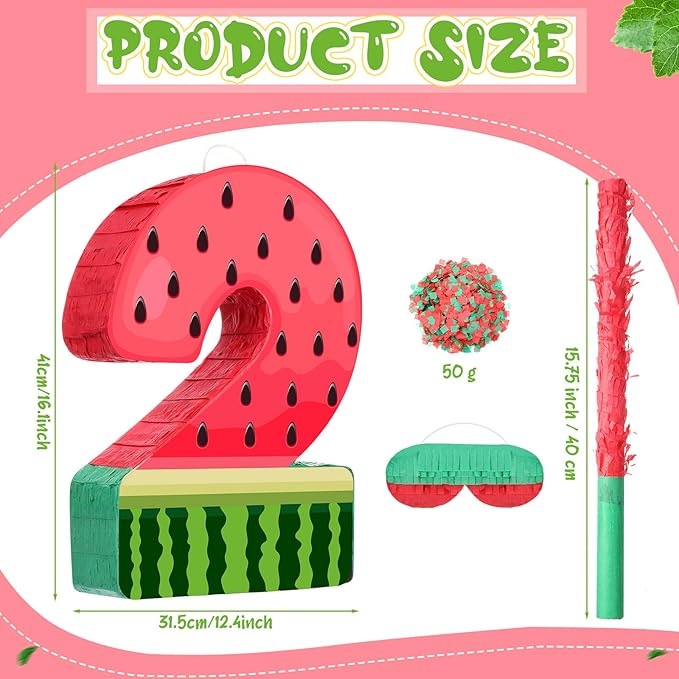 Watermelon Piñata Fruit Number 2 Red Watermelon 2nd Birthday Piñata with Bat Stick Blindfold Mask Confetti for Summer Birthday Party Supplies(2)