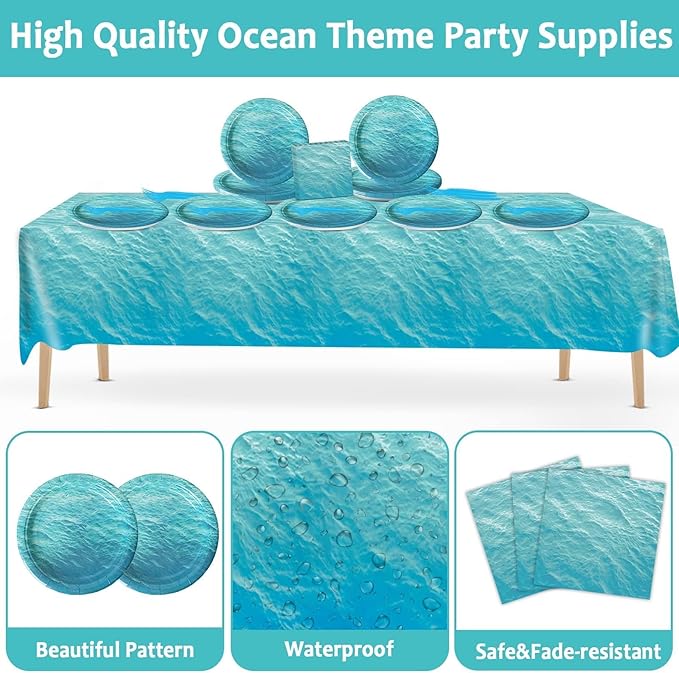 61 Pcs Ocean Sea Birthday Party Decorations Waves Themed Tableware Includes Blue Plates Napkins Forks Tablecloth Undersea Supplies for Hawaiian Summer Pool Beach Parties Baby Shower Serves 20 Guests