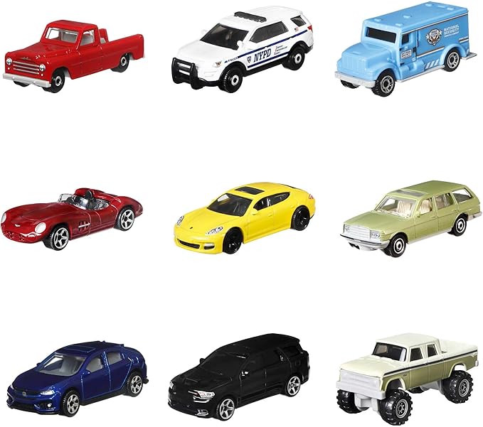 Matchbox 9-Pack Die-Cast 1:64 Scale Toy Cars, Construction or Garbage Trucks, Rescue Vehicles or Planes (Styles May Vary)