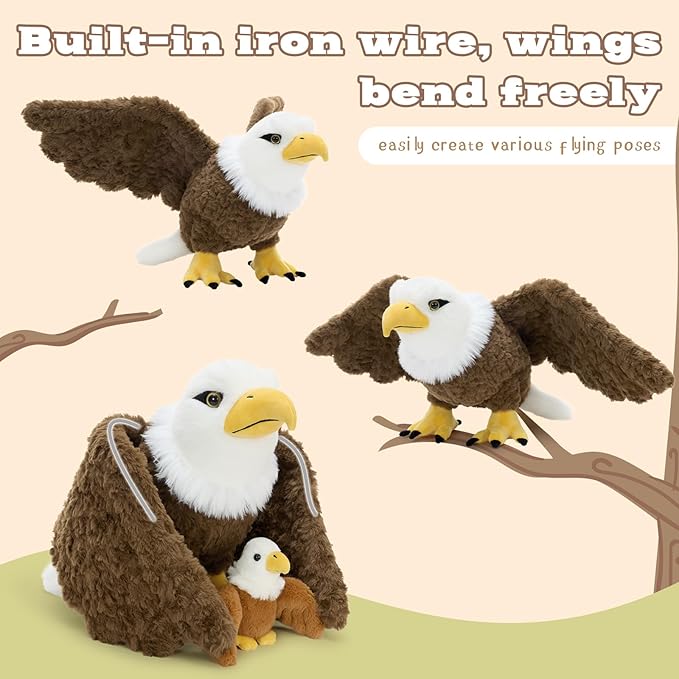 4Pcs Bald Eagle Stuffed Animal with Bendable Wings, 31.5 Inch Mommy Eagle Plush with 3 Chicks, Eagle Plushie Toy Gifts for Boys and Kids
