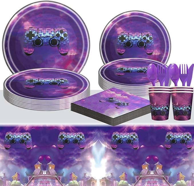81Pcs Purple Games Party Tableware Set Games Party Decoration Purple Games Birthday Party Supplies