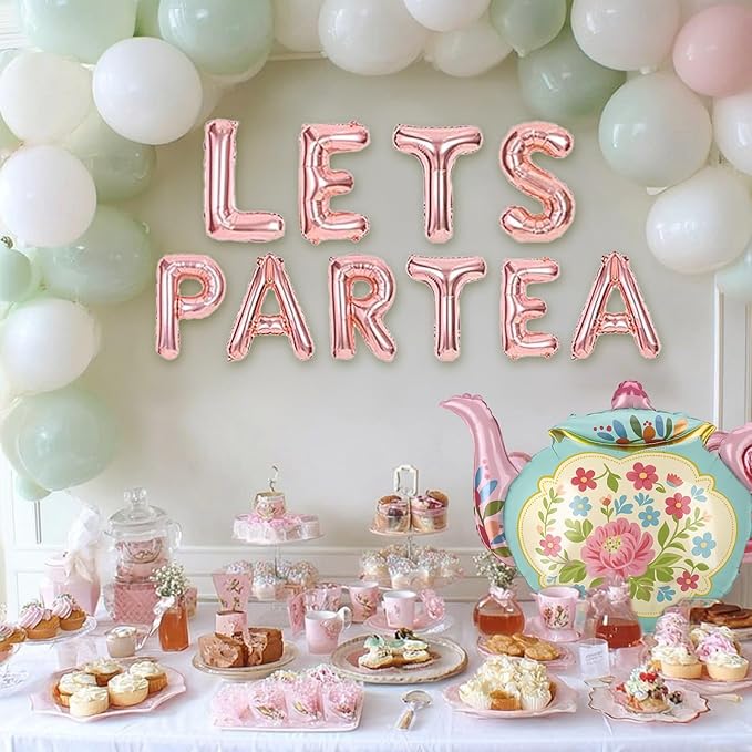 4 Pcs Tea Party Balloons, 35" Huge Teapot Aluminum Foil Balloons for Birthday, Baby Shower, Wedding, Bridal, Engagement, Bachelorette, Princess, Let's Par Tea Garden Party Decorations Supplies