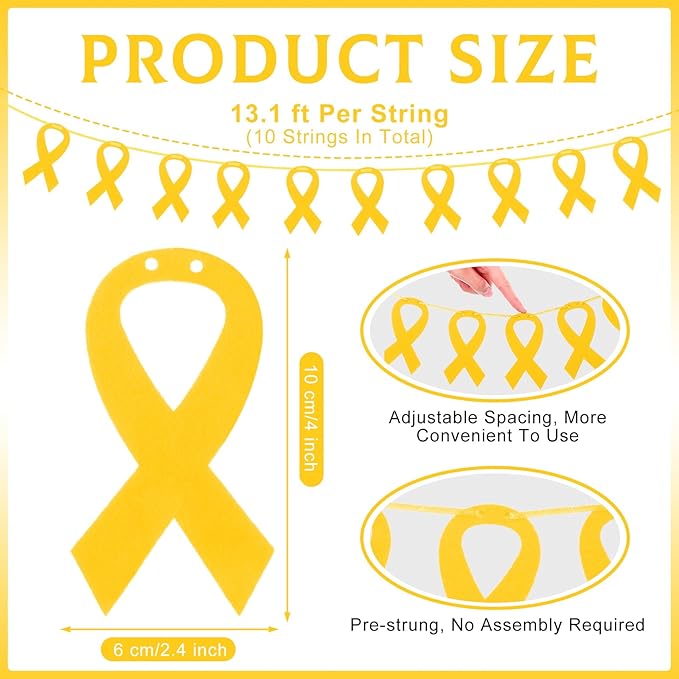 VitalCozy 10 Pcs Ribbon Awareness Banner 13.1 ft Ribbon Garland Cancer Awareness Decor Cancer Free Decorations for Society Events Groups Fundraisers Party Supplies(Yellow)