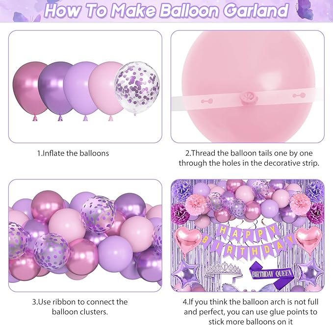 Ouddy Life Purple Pink Birthday Party Decorations for Women Girls, Butterfly Heart Foil Confetti Balloons Happy Birthday Banner Fringe Curtains Hanging Swirls Sash Crown Paper Poms Decor