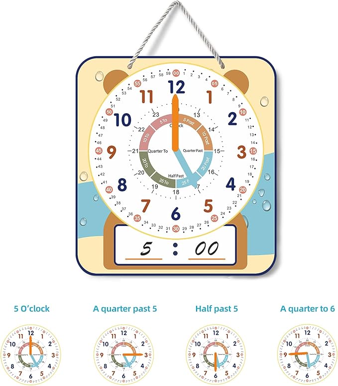 Large 12" Magnetic Writable Dry Erase Teaching Clock with Cute Style, Teaching Demonstration Clock for Kids Learning Practice Time for Home School Classroom Supplies (12" x11"-Beige)