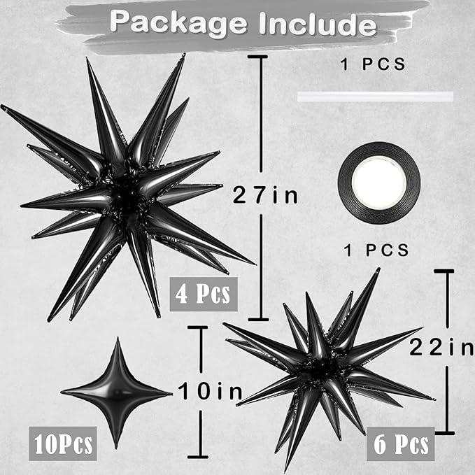 20 Pcs 27"22" Explosion Star Foil Balloons - 12 Point and Four Pointed Black Spike Balloons for Party Supplies, Christmas, Birthday, Wedding, Photo Booth (Black)