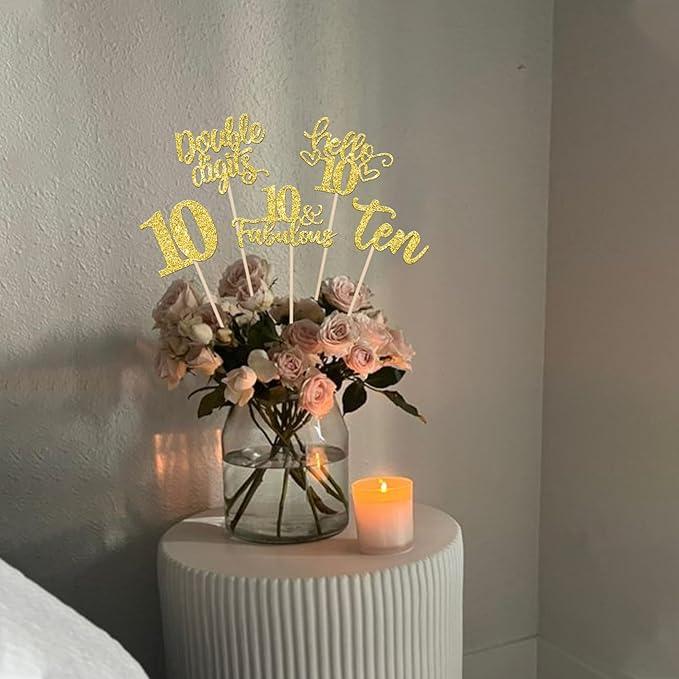 15PCS Happy 10th Birthday Centerpiece Sticks Hello 10 Fabulous Table Flower Centerpieces Sticks Ten Double Digits Cheers to 10 Years Floral Decoration for 10th Birthday Party Centerpieces Sticks Gold