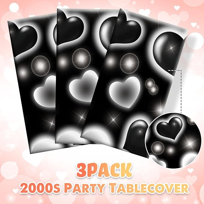 Tudomro 3 Pack 2000s Tablecloth Decoration 54 x 108 Inches Cholo Party Table Cover Y2k Party Decoration Heart Disposable Kpop Table Cloth for Birthday Supplies(Black)