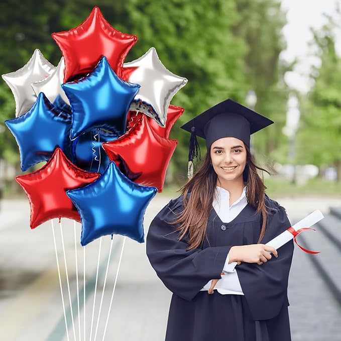 Blue Red Star Balloons, 18 Inch 12Pcs Navy Blue Red and Metallic Silver Stars Shape Foil Balloons, Helium Pentagram Balloon for Kids Cartoon Birthdays Graduation Baseball 4th of July Independence Day