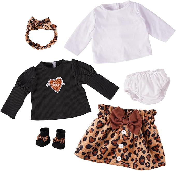 BABESIDE 5-Piece Reborn Baby Doll Clothes Set Fits 17-22 Inch Dolls with Leopard Dress, Headband, Coat, Baby Doll Reusable Diaper and Socks,Pretend Play Gift for Girls Kids Birthday Christmas