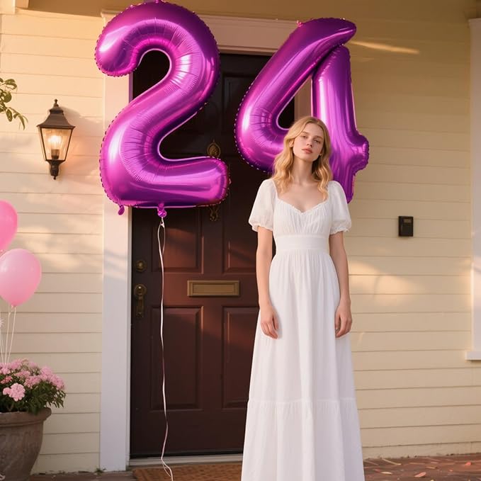 40 Inch Large 24 Balloon Numbers Rose Purple Big Foil Number Balloons Giant Helium Happy Birthday Party Decorations for Man and Women, Huge Mylar Anniversary Party Supplies