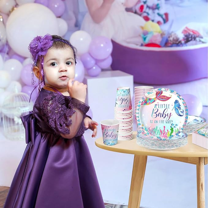 200 Pcs Mermaid Baby Shower Paper Plates Napkins Cups Under the Sea Baby Shower Party Supplies Tableware Set Purple Green Disposable Cup Napkin for 50 Guest Girls Spring Party Decoration