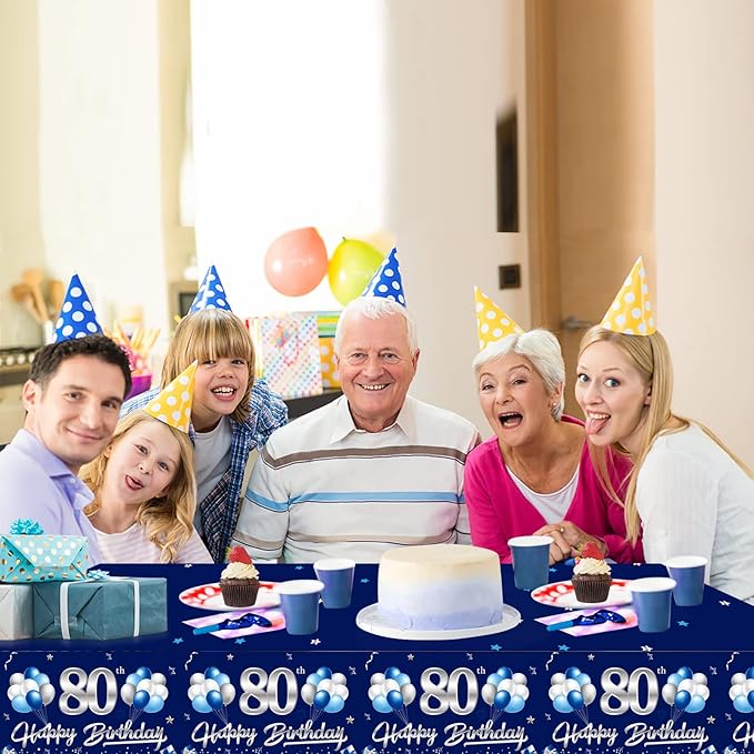 3 Pack Blue Silver 80th Birthday Tablecloth Decorations for Men, Navy Blue Happy 80 Table Cover Party Supplies, Eighty Years Birthday Disposable Rectangular Table Cloth for Indoor Outdoor