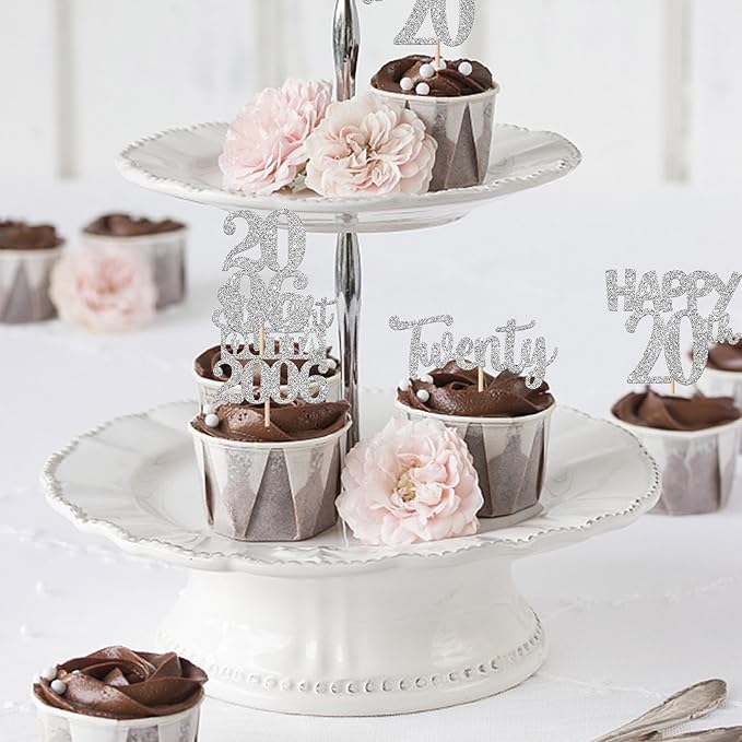 30PCS 20th Birthday Cupcake Toppers Glitter Twenty Happy 20th Straight Outta 2006 Cupcake Picks for Cheers to 20 Years Birthday Wedding Anniversary Party Cake Decorations Supplies Silver