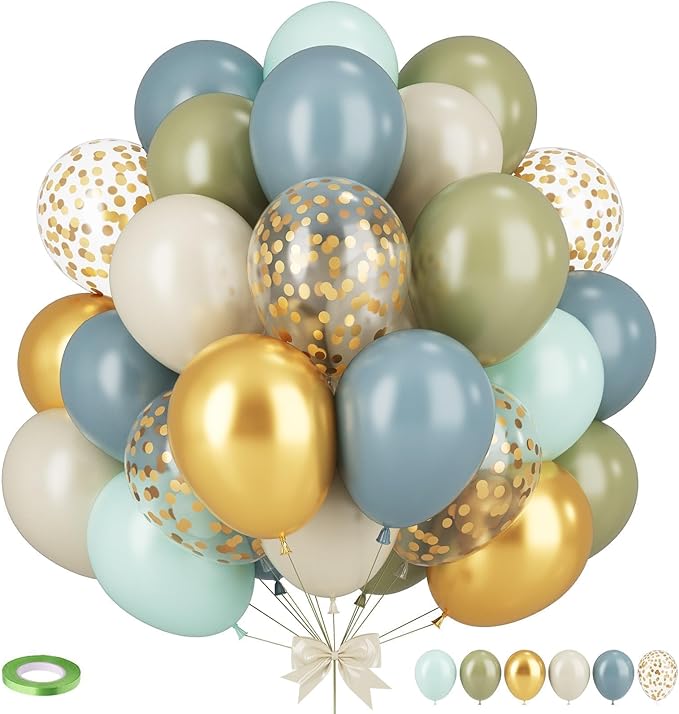 Dusty Blue Green Balloons,12 Inchs Sage Green Blue Sand White Gold Confetti Latex Balloons for Eucalyptus Birthday Boho Bridal Shower Wedding Decorations