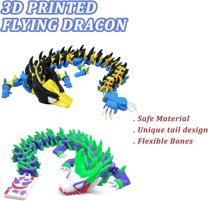 3D Printed Dragon,10 in 3D Printed Dragon Model,Unique 3D Animals Collectible,Flexible Articulated Fantasy 3D Dragon Fidget Toys for Creative Desk Decor Fun Gift.(2 Pcs)