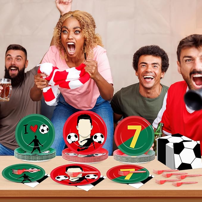 96Pcs Soccer Paper Plates and Napkins Soccer Star Disposable Tableware Set Red and Green Sports Ball Plates Set Sport Party Dinnerware Decorations for Birthday Baby Shower Party Decorations Supplies