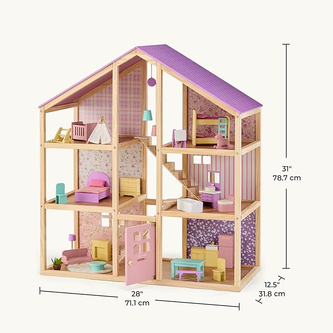Tiny Land Wooden Dollhouse for Girls - 6 Rooms Wooden Doll House, DIY Pretend Doll House with 31Pcs Furniture Accessories, Creative Gift for Girl Ages 3+ (Unicorn Purple)