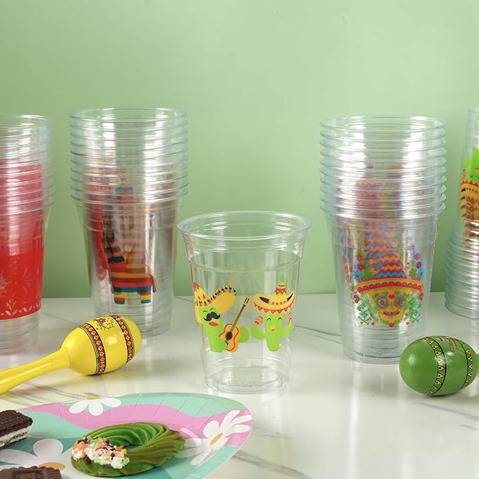 100Pcs Fiesta Cups,12 OZ Plastic Disposable Clear Mexican Cups for Cinco De Mayo Drinkware Party Supplies Fiesta Taco Birthday Party Decorations, 5 Designs