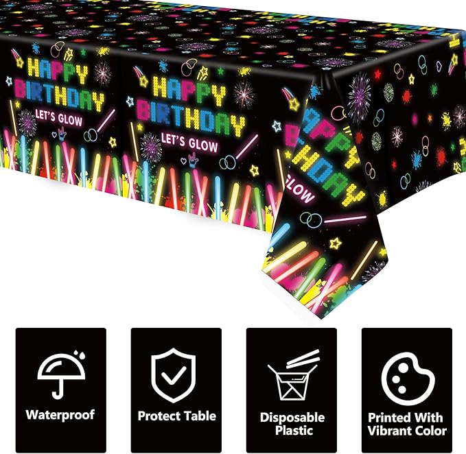 4 Pack Neon Glow Party Table Covers - 51x86 Inch Tablecloths, Glow in The Dark for Birthday Parties, Black Light Compatible