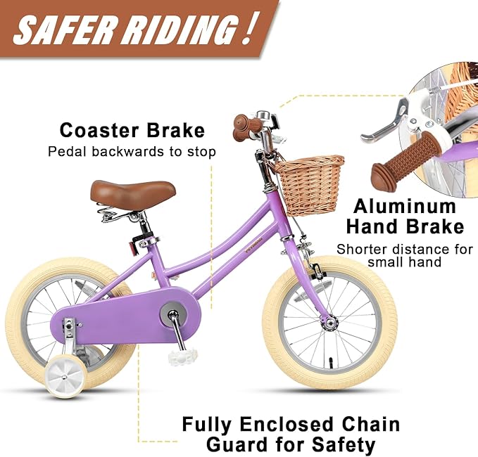 Petimini Vintage Kids Bike for Girls, 12–20 Inch Classic Bicycle with Wicker Basket & Bell, High Tensile Steel Frame, Training Wheels (12–18”), 85% Pre-Assembled, Retro Bike for Outdoor Riding
