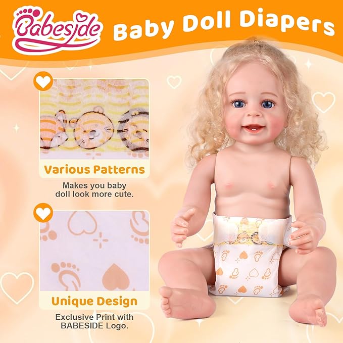 BABESIDE 15 Pcs Reborn Baby Doll Accessories Diapers Set for 17-24 Inch Dolls – Realistic Baby Doll Underwear with Cute Animal Pattern for Reborn Dolls