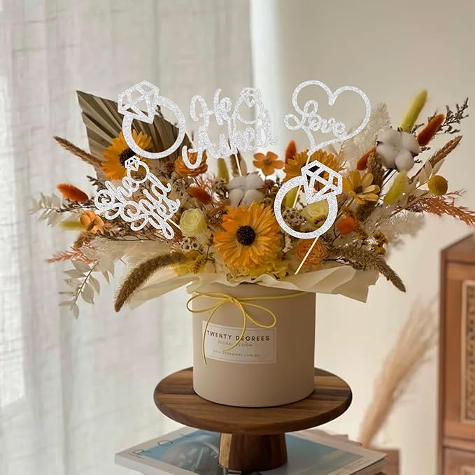 Gyufise 12Pcs He Asked She Said Yes Centerpiece Sticks Double Sided Love Heart I Do Ring Table Centerpiece Sticks for Wedding Engagement Bridal Theme Party Supplies Silver