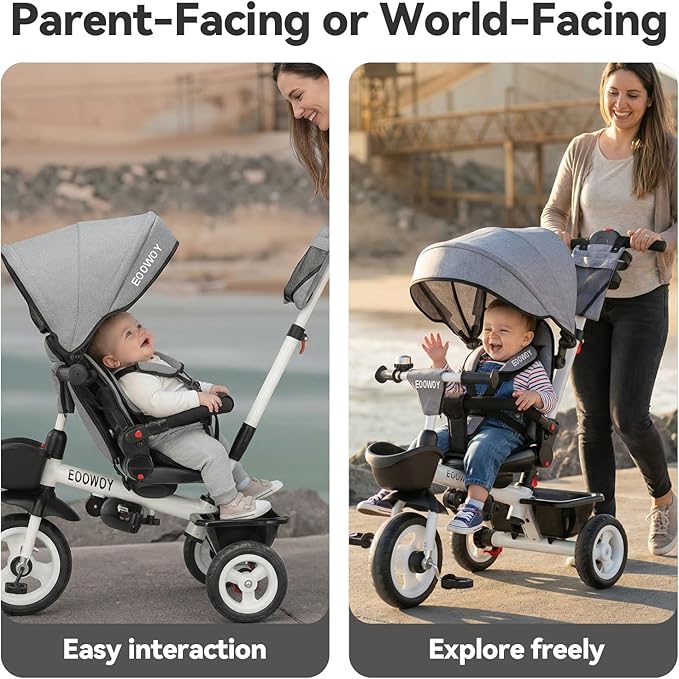Toddler Tricycle with Push Handle, 7 in 1 Stroller Trike with 360° Swivel Seat, Reclining Backrest, All-Terrain Wheels, Dual Brakes, Canopy & Storage, Gift for Kids 18 Months to 5 Years, Gray