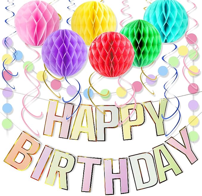 Birthday Banner Decorations with Honeycomb Balls, Stars, Circle Dots Garland Swirl Streamer Happy Birthday Party Decorations Supplies for Party(Macaron)
