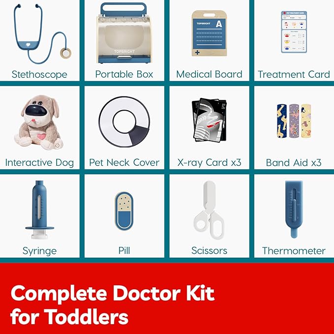 TOP BRIGHT Doctor Kit for Toddlers 3-5, Pretend Play Doctor Set with Real Stethoscope, Interactive Stuffed Dog Vet Kit for Kids, Realistic Pet Vet Playset, Christmas Birthday Gifts for Girls Boy 3 4 5