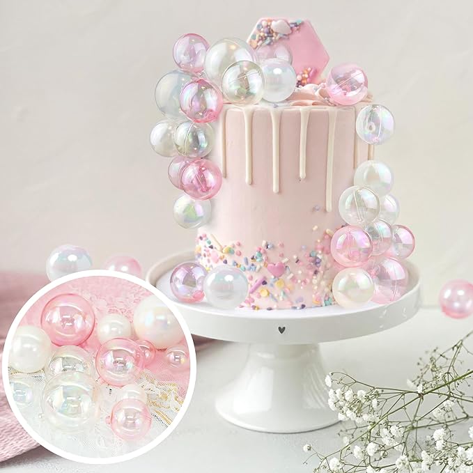 32 PCS Colorful Ball Shaped Cake Topper Pearl Balls Cupcake Cake Insert Topper for Birthday Party Wedding Decoration (White Clear Pink)