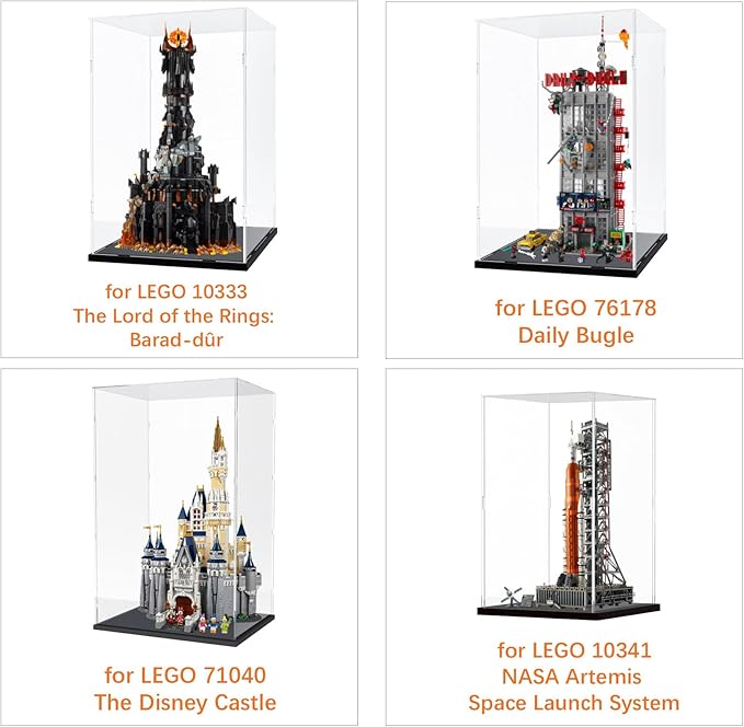 Thickened Clear Acrylic Display Case for Lego 76178 Daily Bugle for 10341 NASA Artemis Space Launch System for 10333 Lord of Rings Barad-dûr for 76454, Showcase Large, Black Inside 19.7x13.8x33.5in